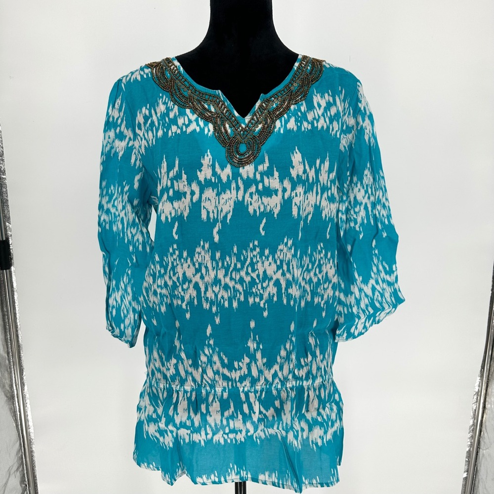 Chico's 1 Blue Turquoise Embellished Beaded Tunic Top 3/4‎ Sleeve Boho Beach M